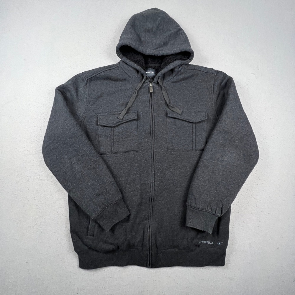 Y2K O'Neill Hoodie Mens XL Gray Sherpa Lined Full Zip Jacket Surf Skate Outdoor